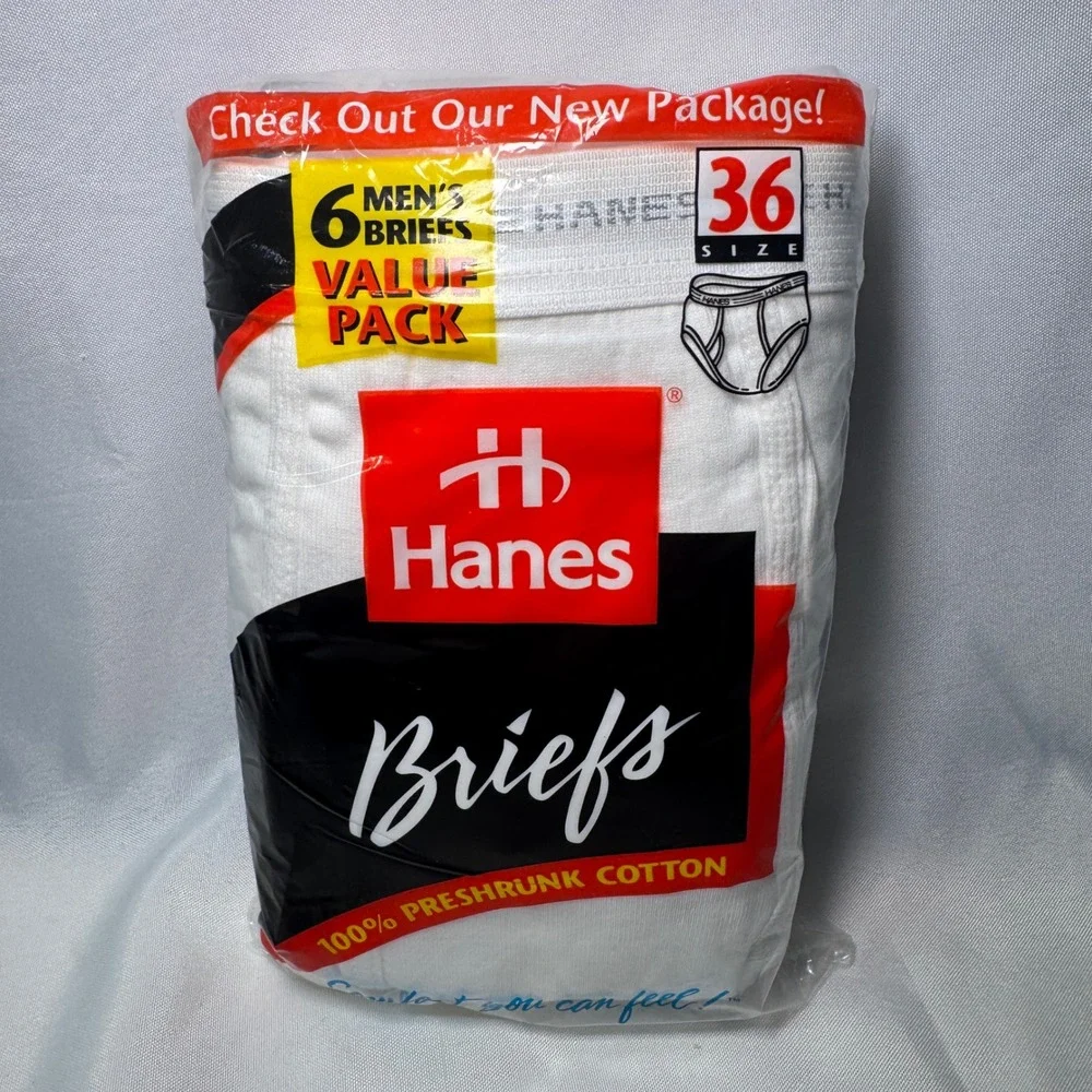 Vintage 1996 Hanes Mens Briefs 6-Pack White 100% Cotton Size 36 New Sealed